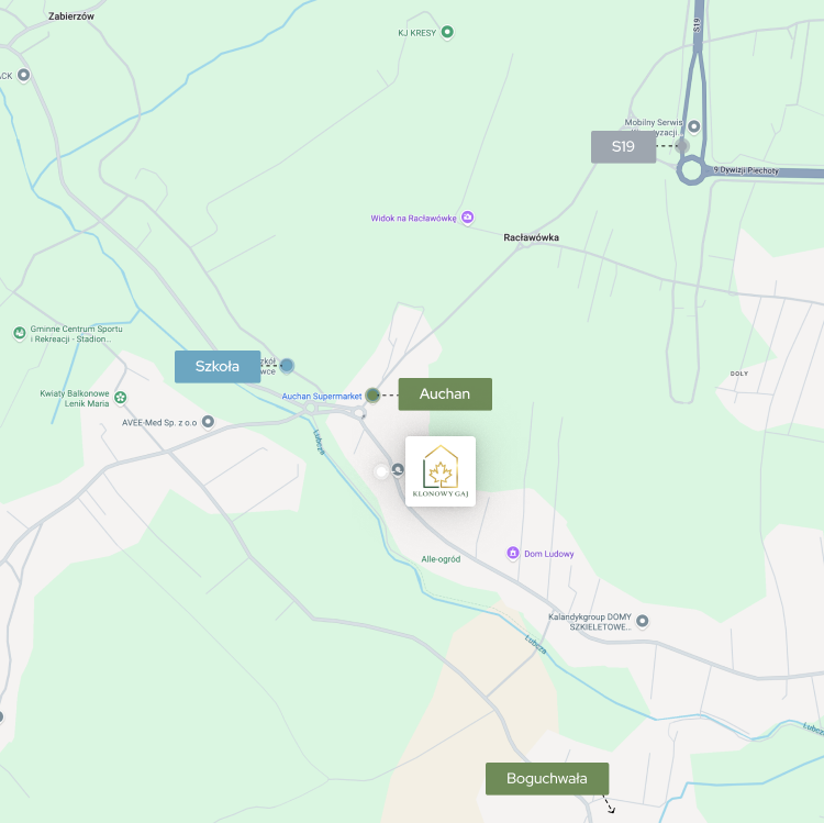 Mapa okolicy inwestycji Klonowy Gaj z zaznaczonymi najważniejszymi miejscami