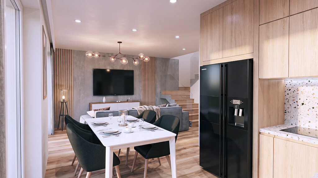 Widok salonu z kuchnią w domu 119 m² w inwestycji Osiedle Mój Gaj - Miłe Kąty