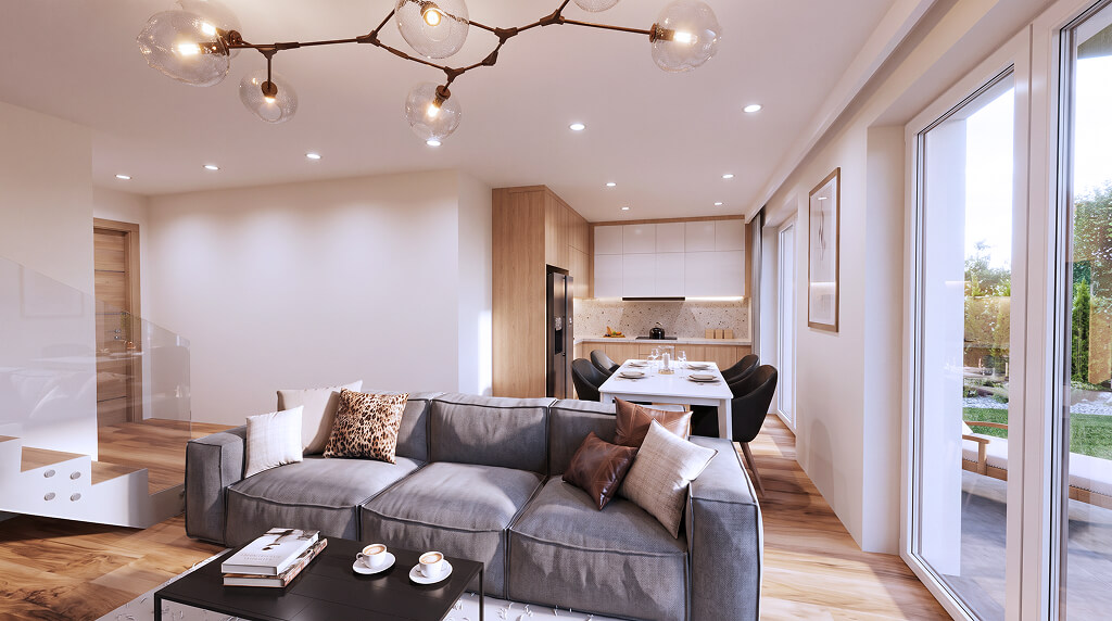 Widok salonu z kuchnią w domu 119 m² w inwestycji Osiedle Mój Gaj - Miłe Kąty