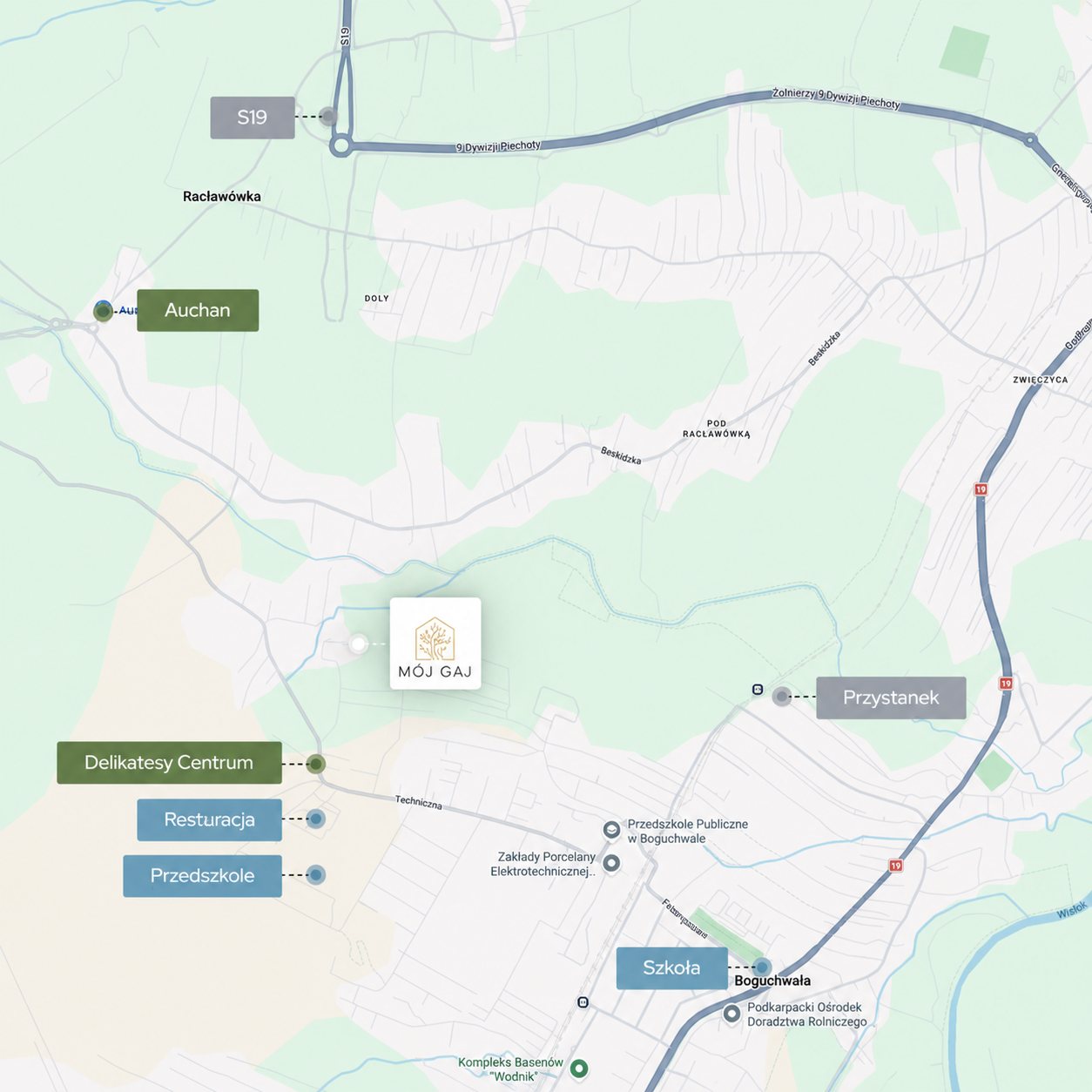 Mapa okolicy inwestycji Osiedle Mój Gaj - Miłe Kąty z zaznaczonymi najważniejszymi miejscami